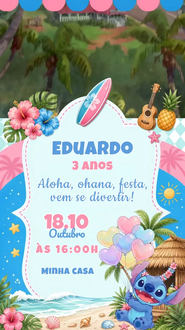 Convite Animado Aniversário Stitch Praia Havaí Para Editar Online