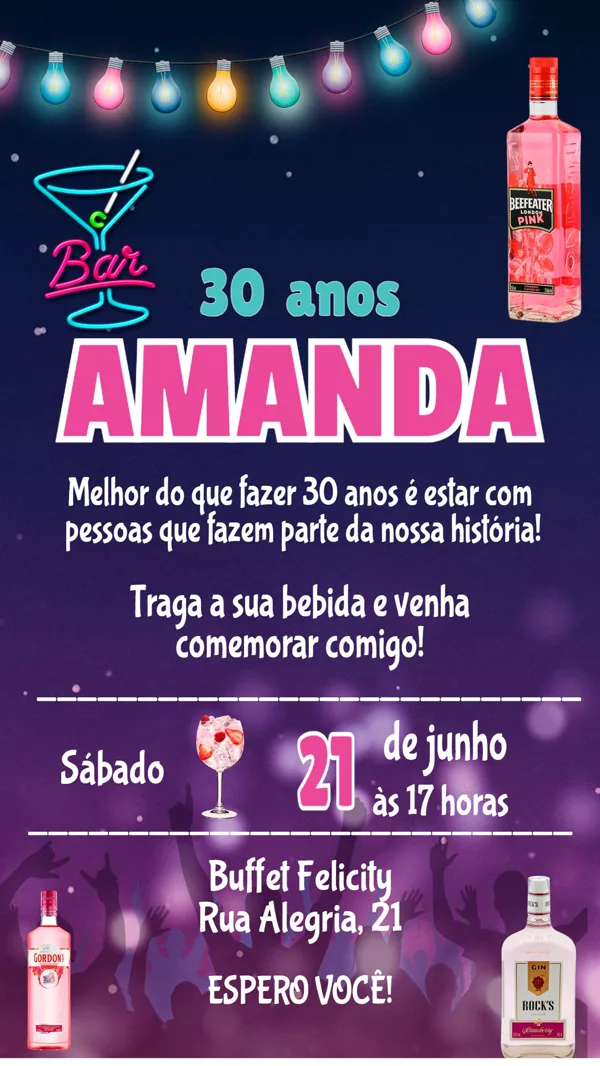 Convite Aniversário Gin Rosa Para Editar Online