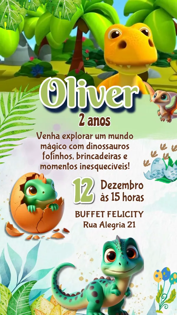 Convite Animado Aniversário Dinossauro Floresta Para Editar Online