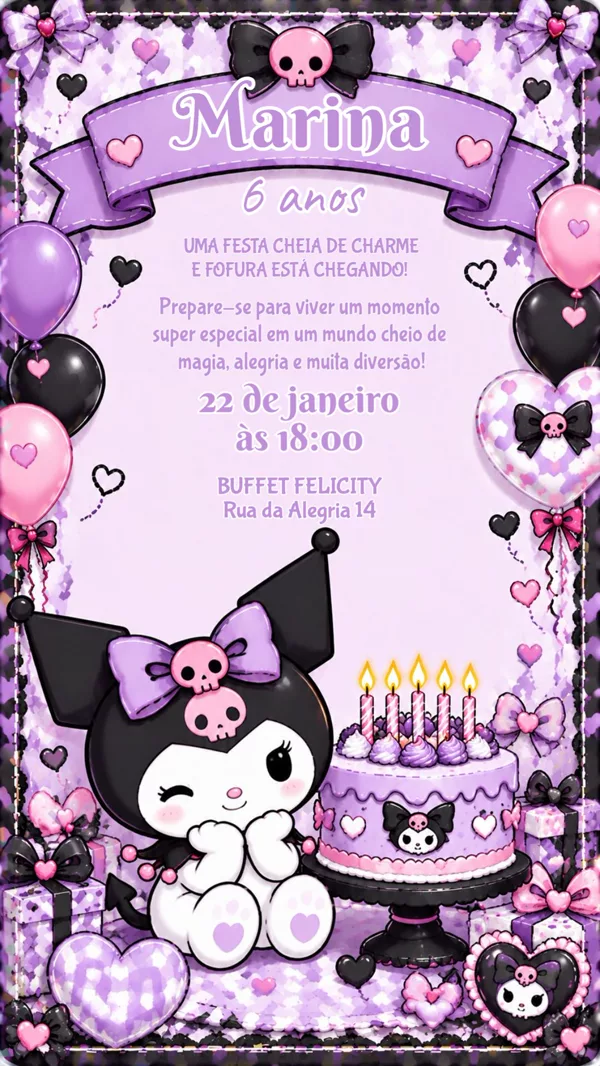 Convite Aniversário Kuromi Roxo Gótico Para Editar Online