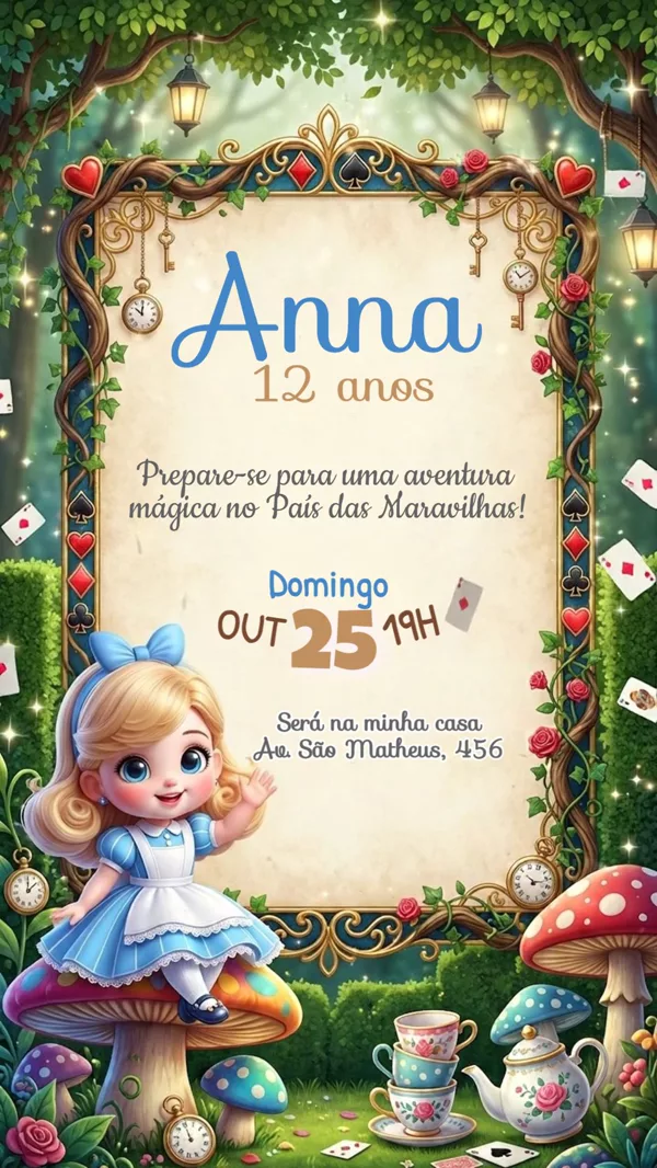 Convite Animado Aniversário Alice Cute Azul Para Editar Online