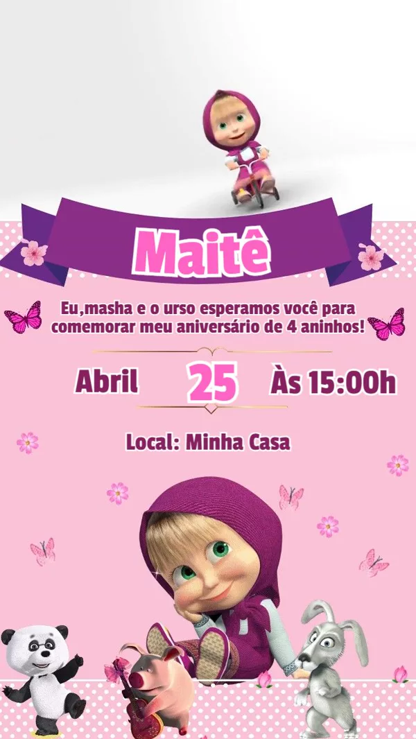 Convite Animado Aniversário Masha Borboletas Para Editar Online