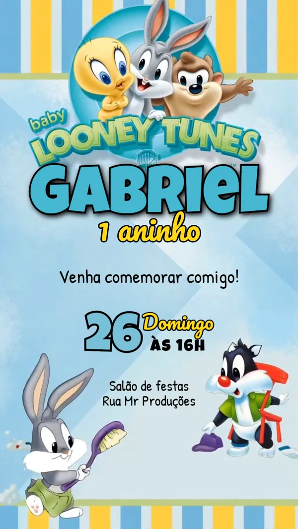 Convite Animado Aniversário Baby Looney Tunes Para Editar Online