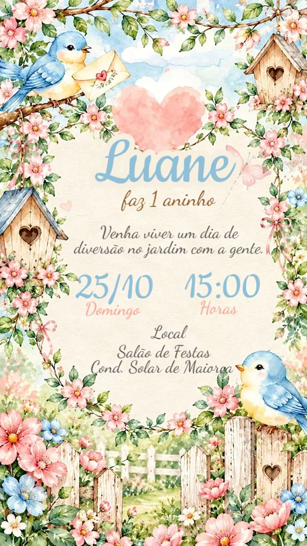 Convite Animado Aniversário Jardim dos Pássaros Para Editar Online