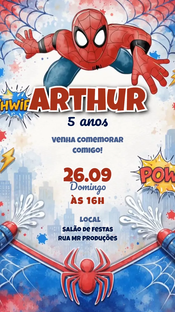 Convite Animado Aniversário Homem-Aranha Aquarela Para Editar Online
