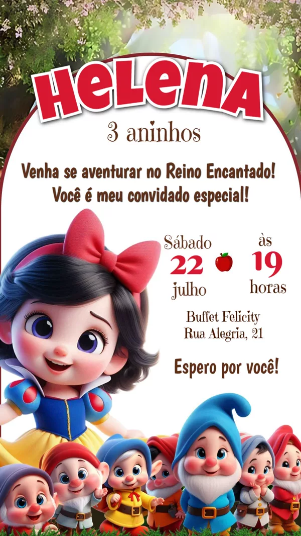 Convite Aniversário Branca de Neve Baby Para Editar Online