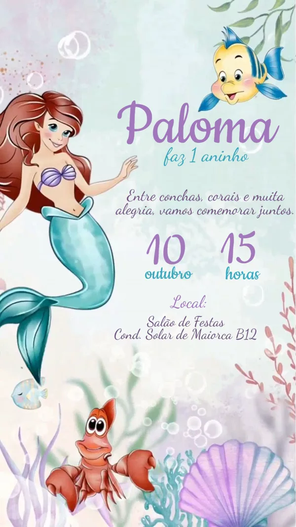 Convite Animado Aniversário Pequena Sereia Ariel Para Editar Online
