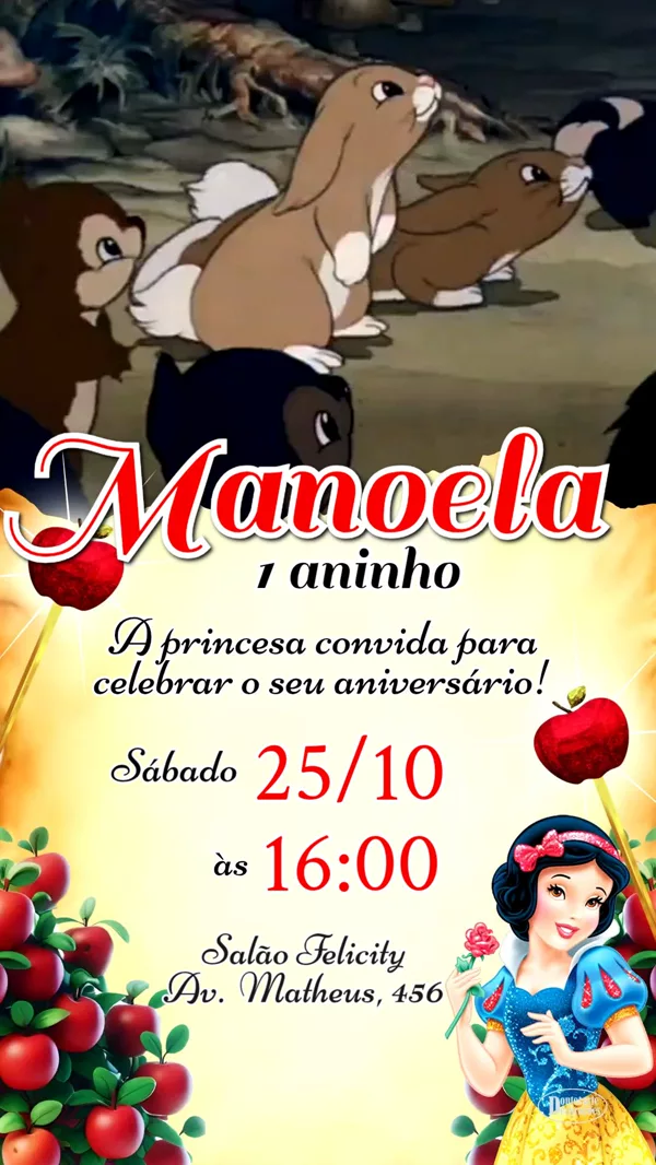 Convite Animado Aniversário Branca de Neve Amarelo Para Editar Online