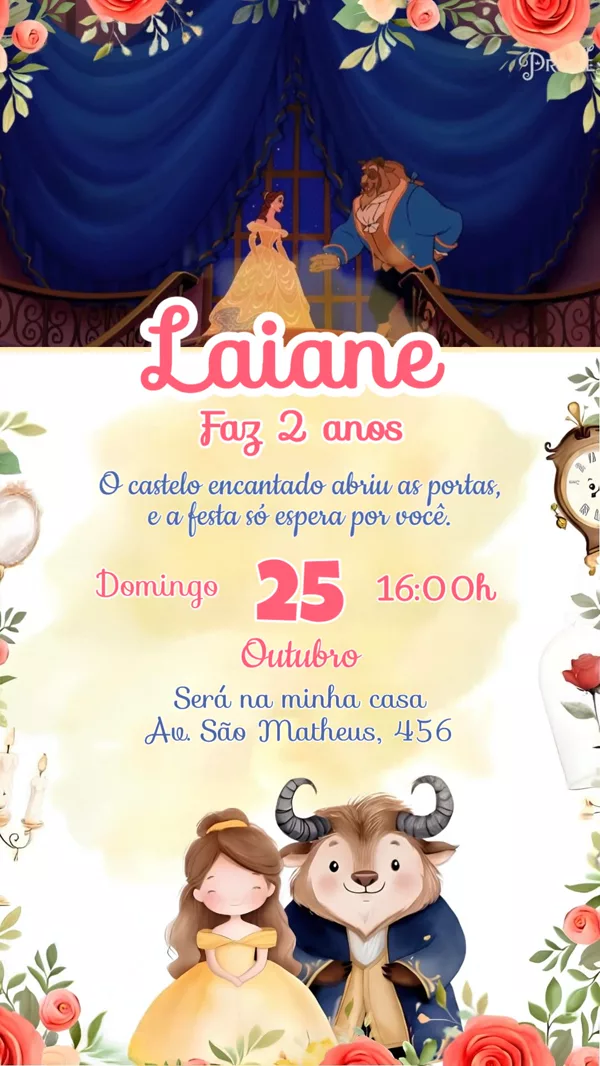 Convite Animado Aniversário Princesa Bela Para Editar Online