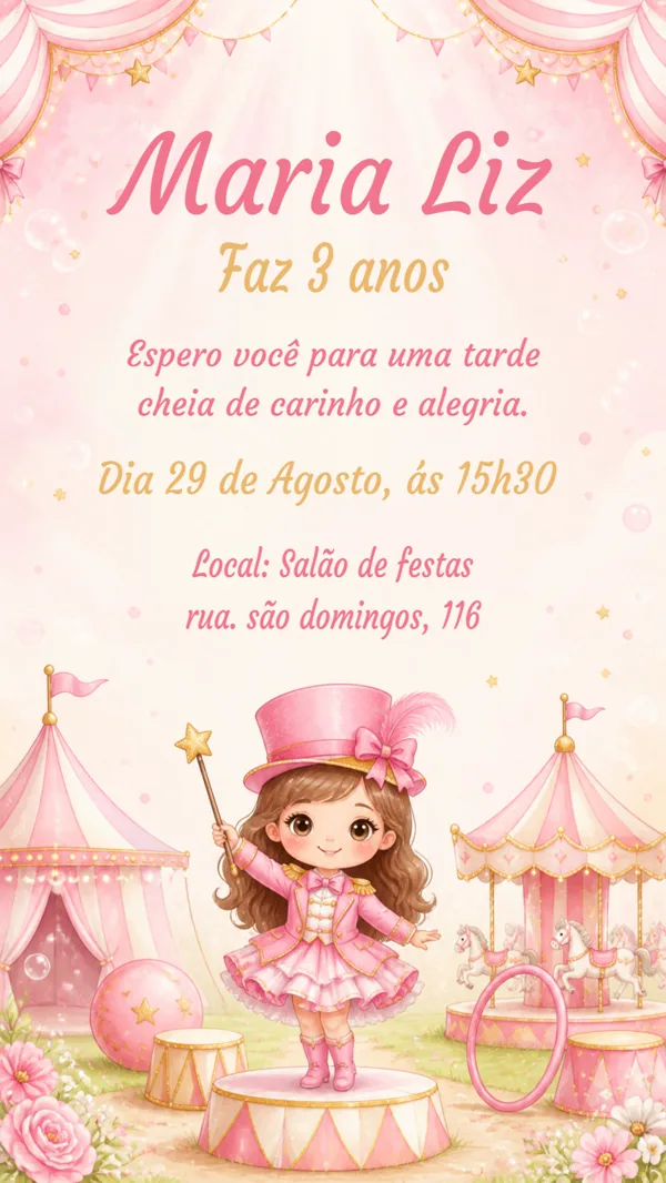 Convite Aniversário Circo Rosa Menina Para Editar Online