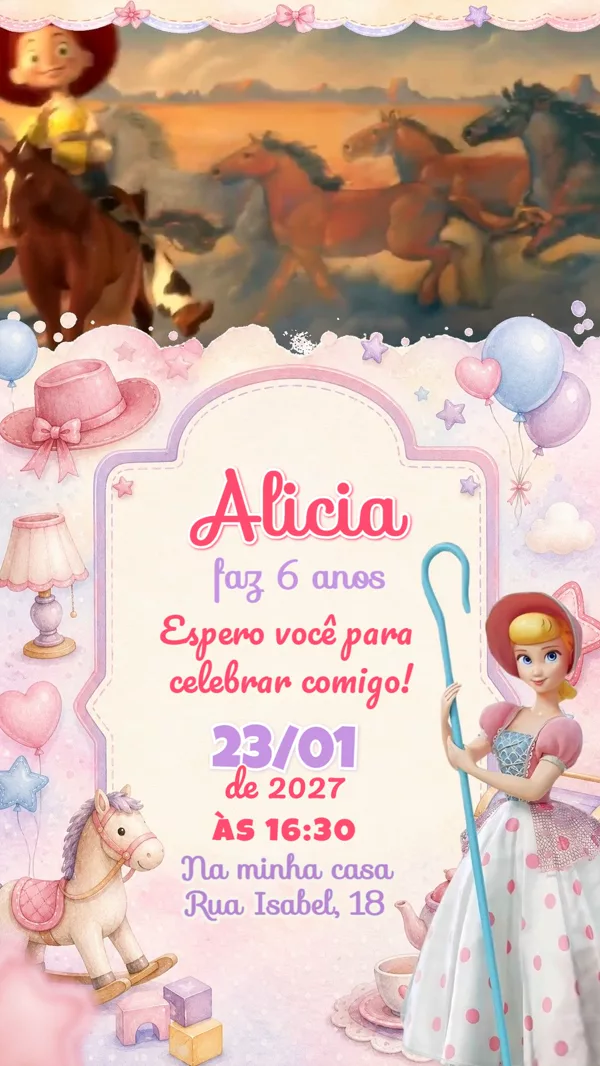 Convite Animado Aniversário Toy Story Rosa Jessie Para Editar Online