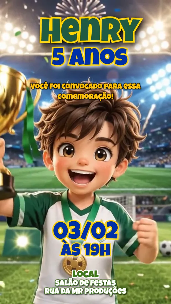 Convite Animado Aniversário Futebol Taça Para Editar Online