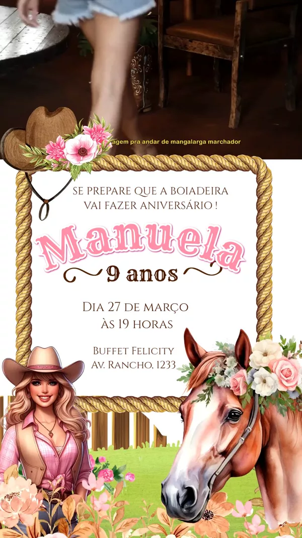 Convite Animado Aniversário Boiadeira Rosa Cavalo Para Editar Online