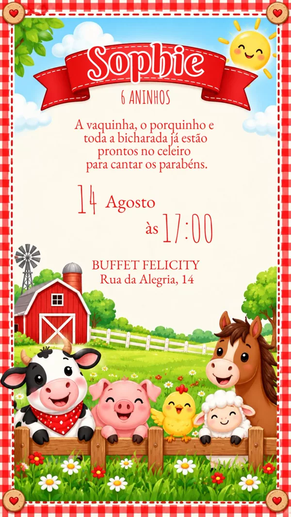 Convite Aniversário Fazendinha Vermelha Para Editar Online
