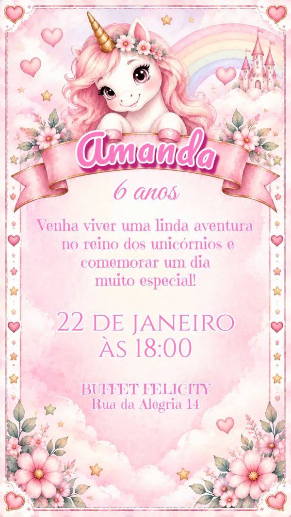 Convite Aniversário Unicórnio Rosa Castelo Para Editar Online