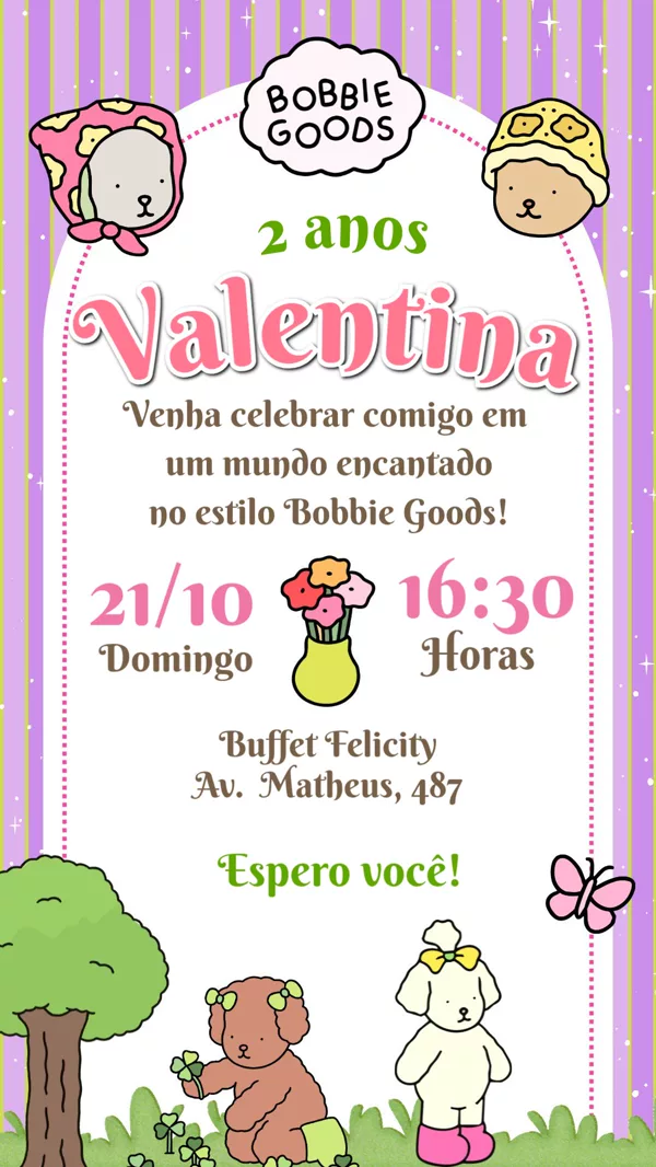 Convite Aniversário Bobbie Goods Roxo Para Editar Online