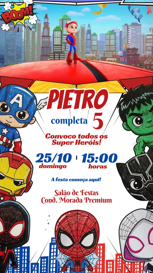 Convite Animado Aniversário Vingadores heróis Para Editar Online