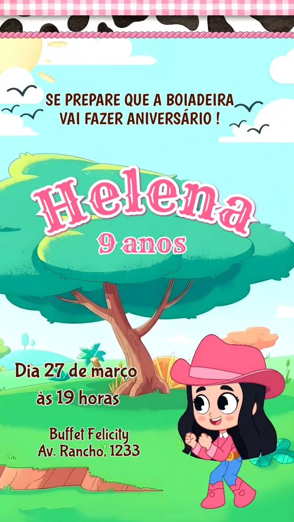 Convite Animado Aniversário Boiadeirinha Rosa Para Editar Online