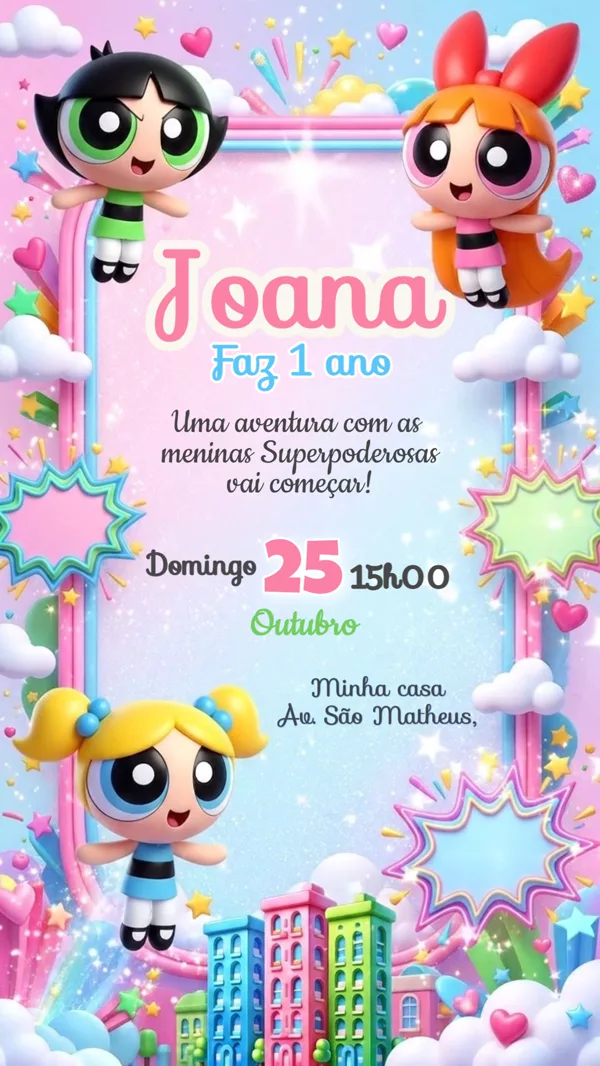 Convite Animado Aniversário Meninas Superpoderosas Para Editar Online
