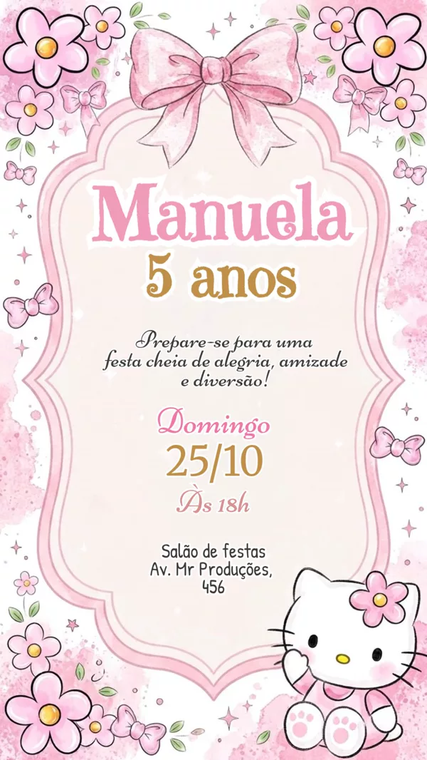 Convite Aniversário Hello kitty Para Editar Online