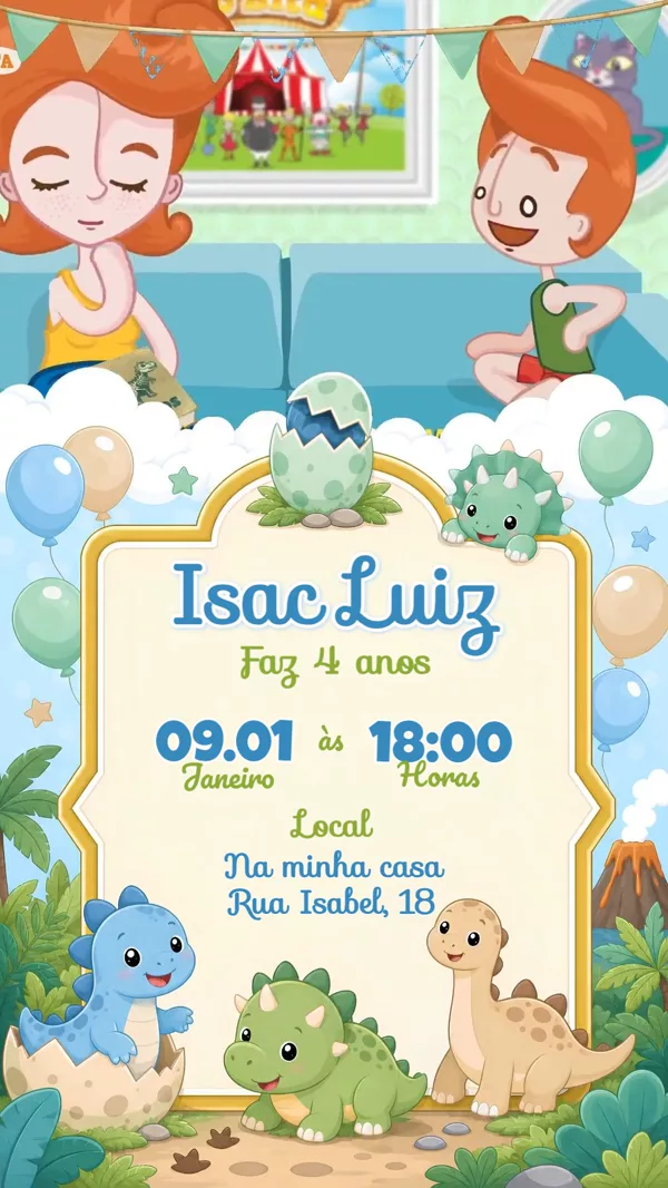 Convite Animado Aniversário Dinossauro Baby Ovo Para Editar Online