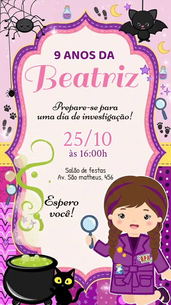 Convite Animado Aniversário Detetive Dpa Roxo Para Editar Online