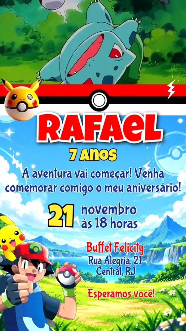 Convite Animado Aniversário Pokémon Aventura Para Editar Online