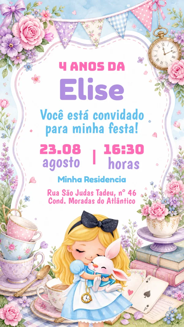 Convite Aniversário Alice no País das Maravilhas Para Editar Online