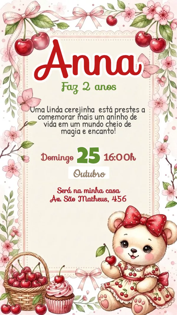 Convite Animado Aniversário Ursinha Vermelha Para Editar Online