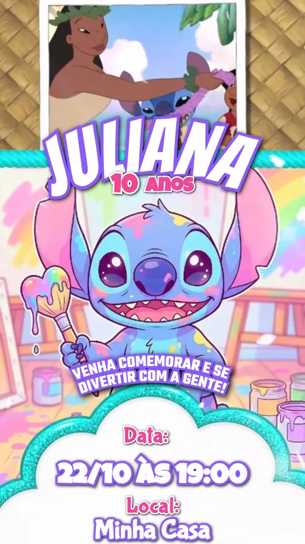 Convite Animado Aniversário Stitch Aquarela Para Editar Online