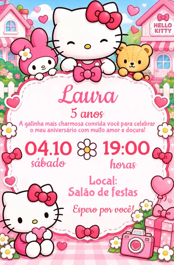 Convite Animado Aniversário Hello Rosa Para Editar Online