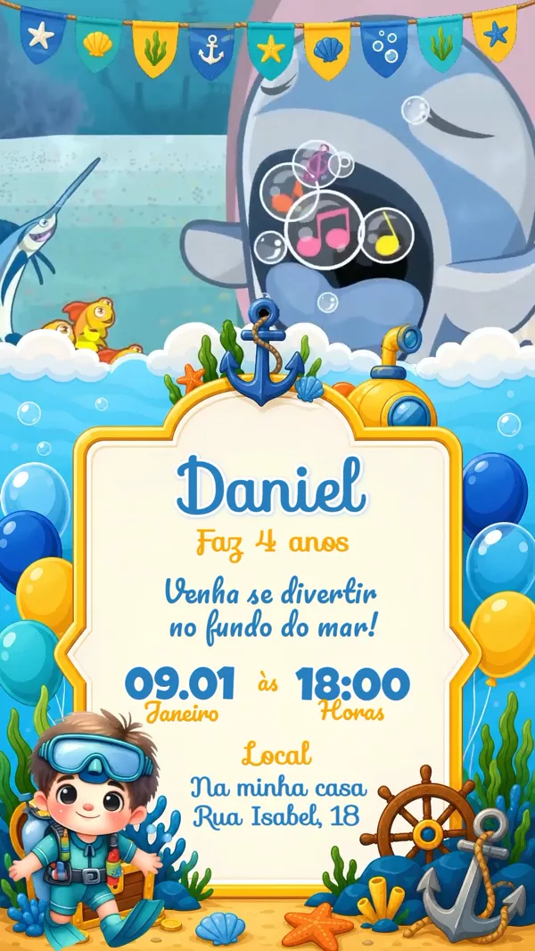 Convite Animado Aniversário Fundo Mar Baleia Para Editar Online