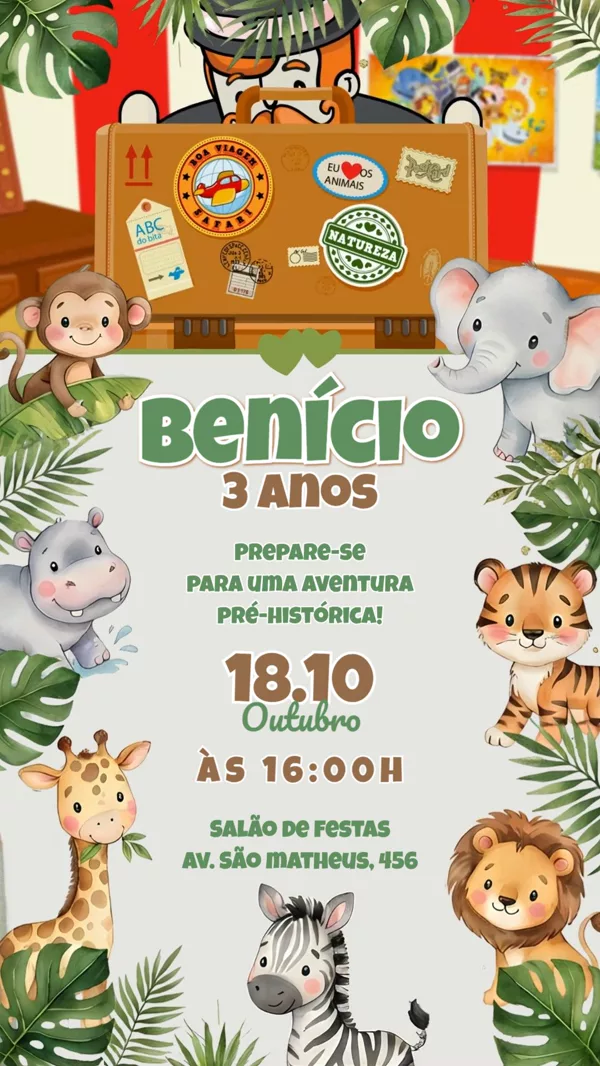 Convite Animado Aniversário Safari Infantil Para Editar Online
