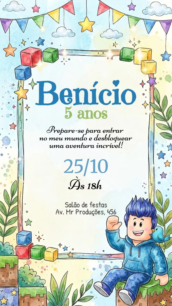 Convite Animado Aniversário Roblox Aquarela Para Editar Online