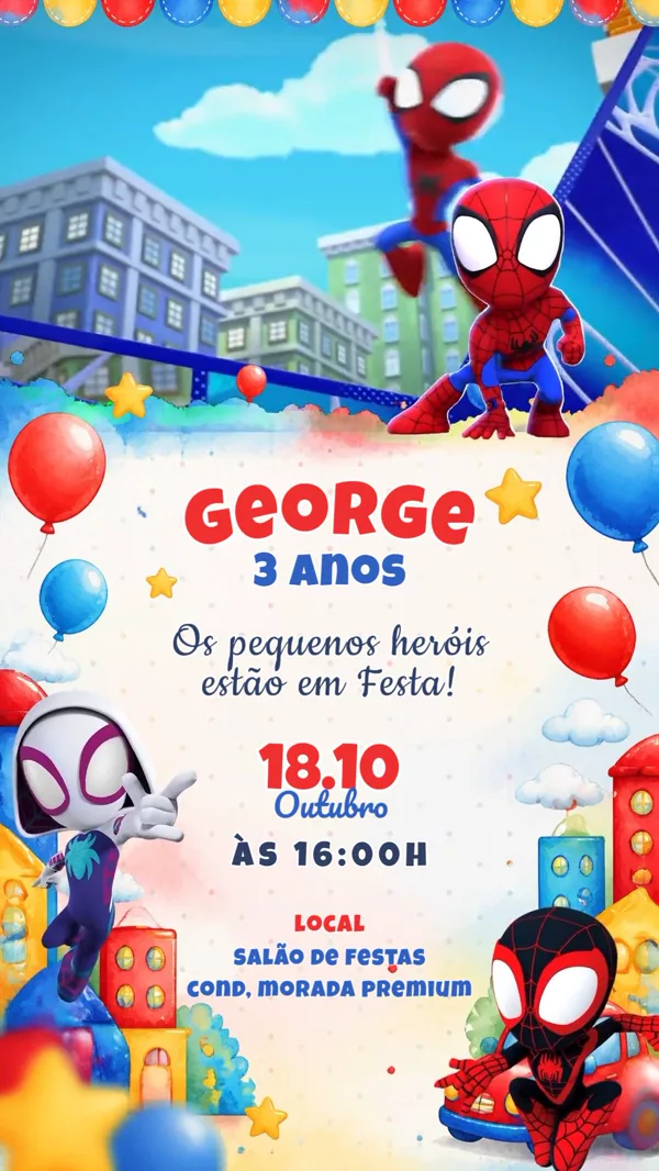 Convite Animado Aniversário Spidey e Amigos Cidade Para Editar Online