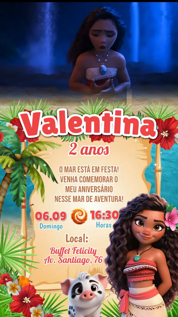 Convite Animado Aniversário Moana e Pua Para Editar Online