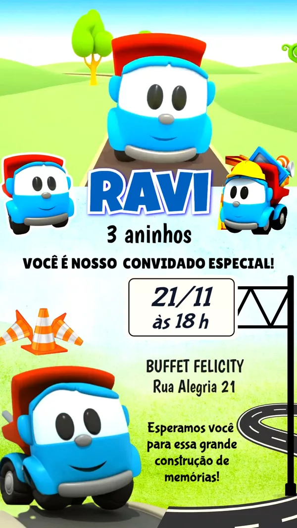 Convite Animado Aniversário Léo o Caminhão Obra Para Editar Online