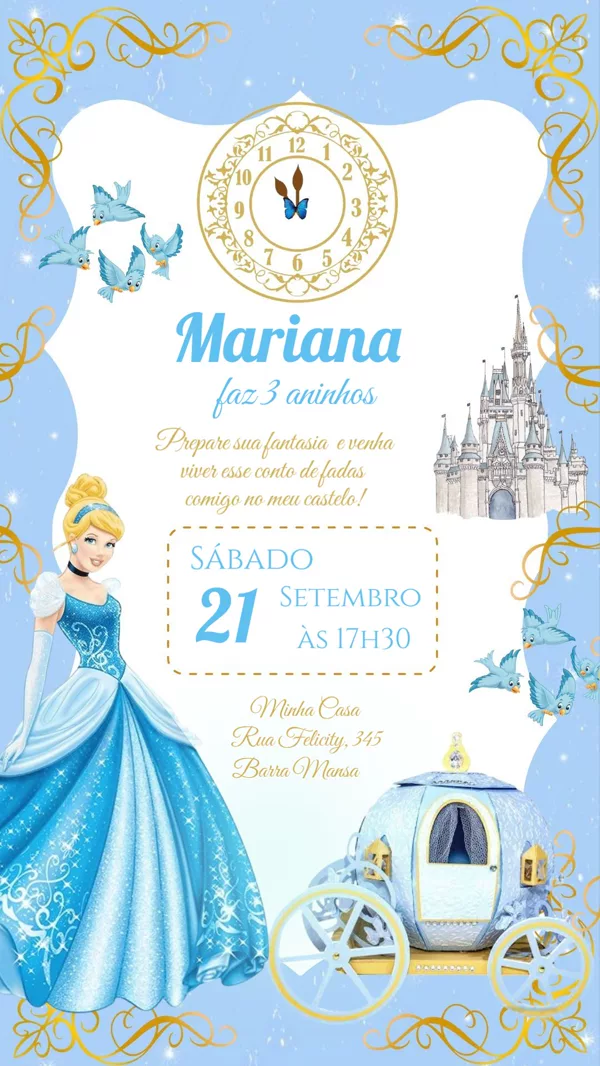 Convite Aniversário Cinderela Relógio Castelo Para Editar Online