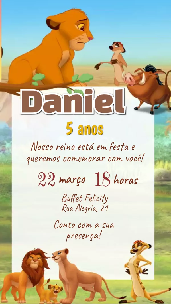 Convite Animado Aniversário Rei Leão Simba Para Editar Online
