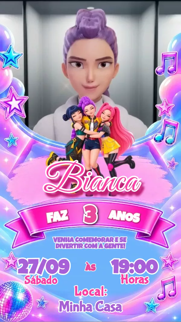 Convite Animado Aniversário Guerreiras do Kpop Para Editar Online