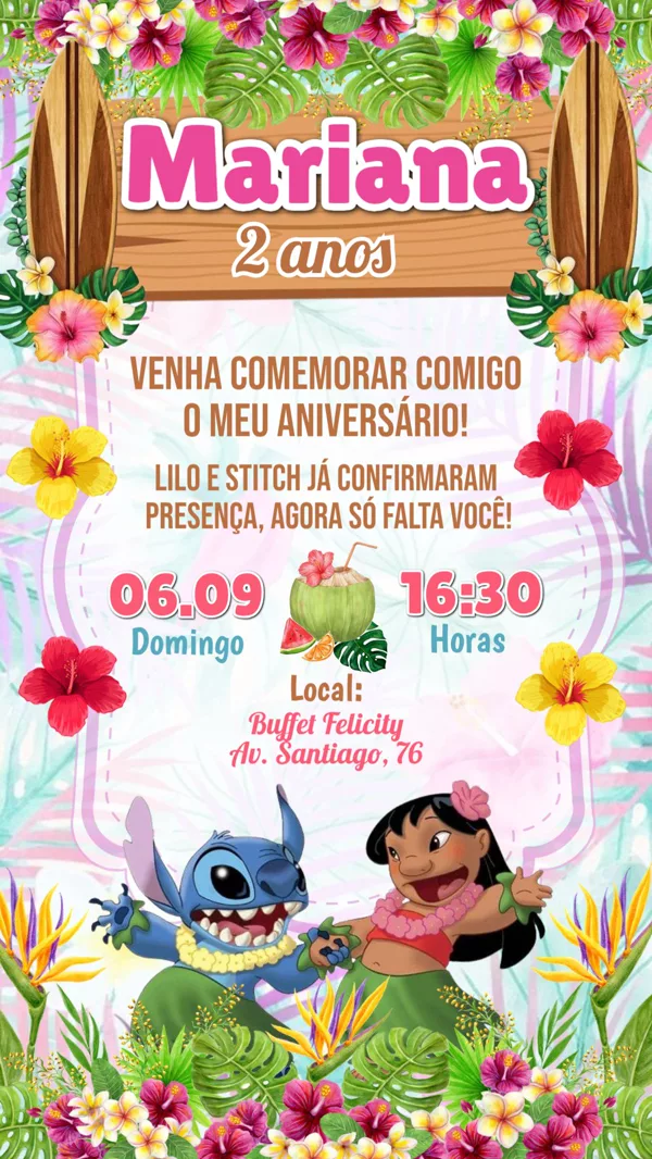 Convite Aniversário Lilo e Stitch Tropical Para Editar Online