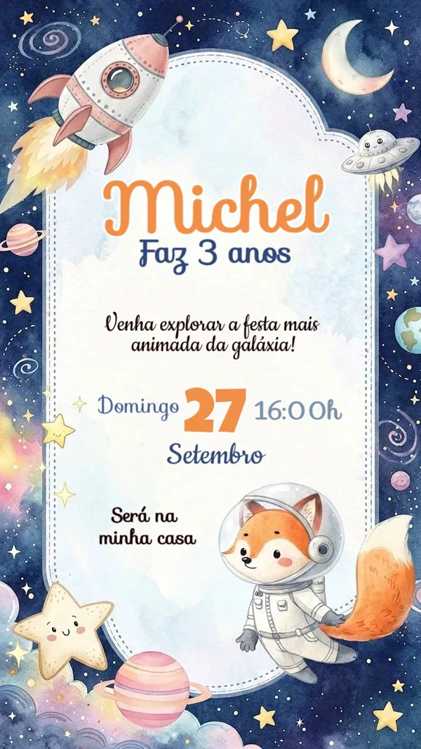 Convite Animado Aniversário Raposa Astronauta Para Editar Online