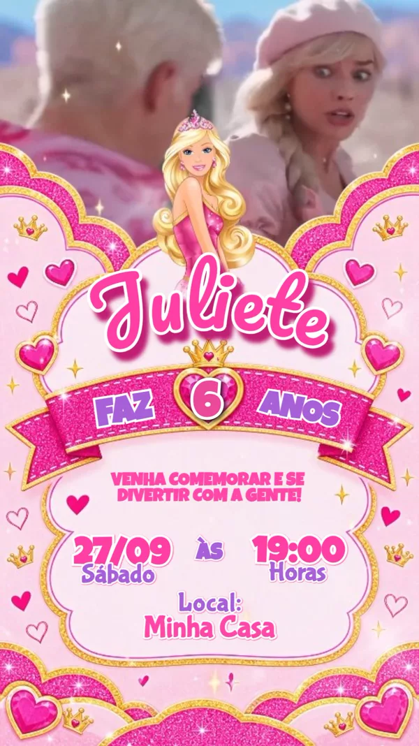Convite Animado Aniversário Barbie Dourado Para Editar Online