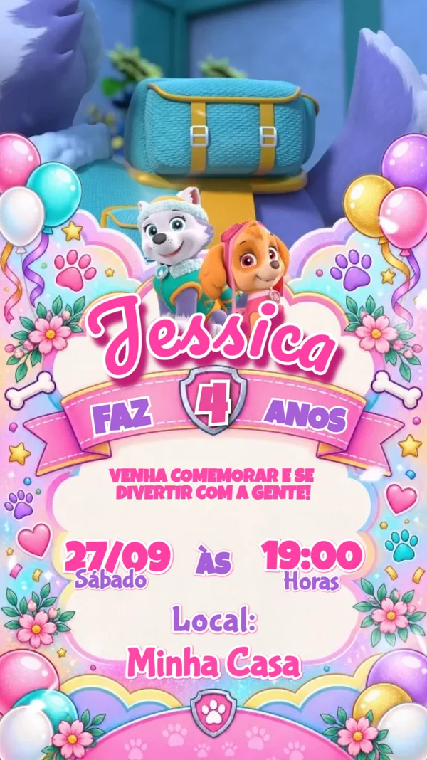 Convite Animado Aniversário Patrulha Canina Rosa Para Editar Online