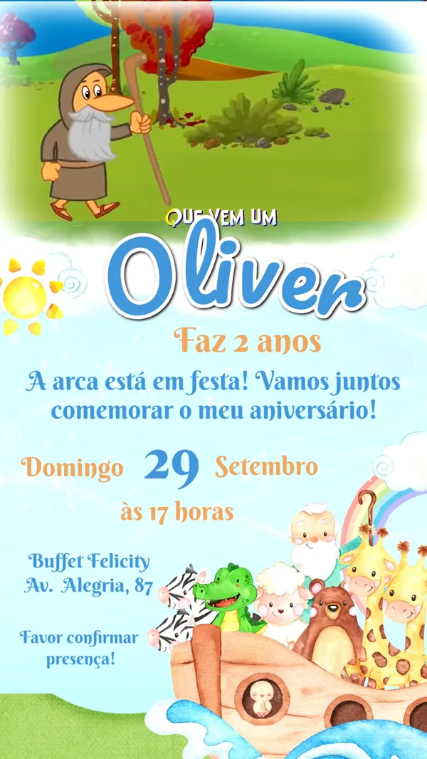 Convite Animado Aniversário Arca de Animais Para Editar Online