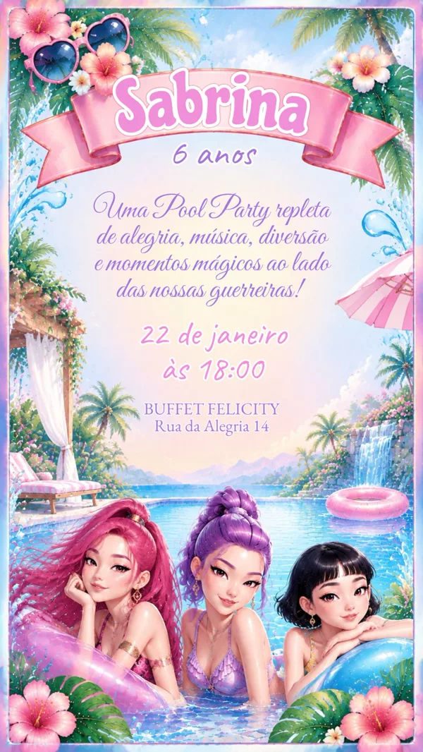 Convite Aniversário Pool Party K-pop Para Editar Online