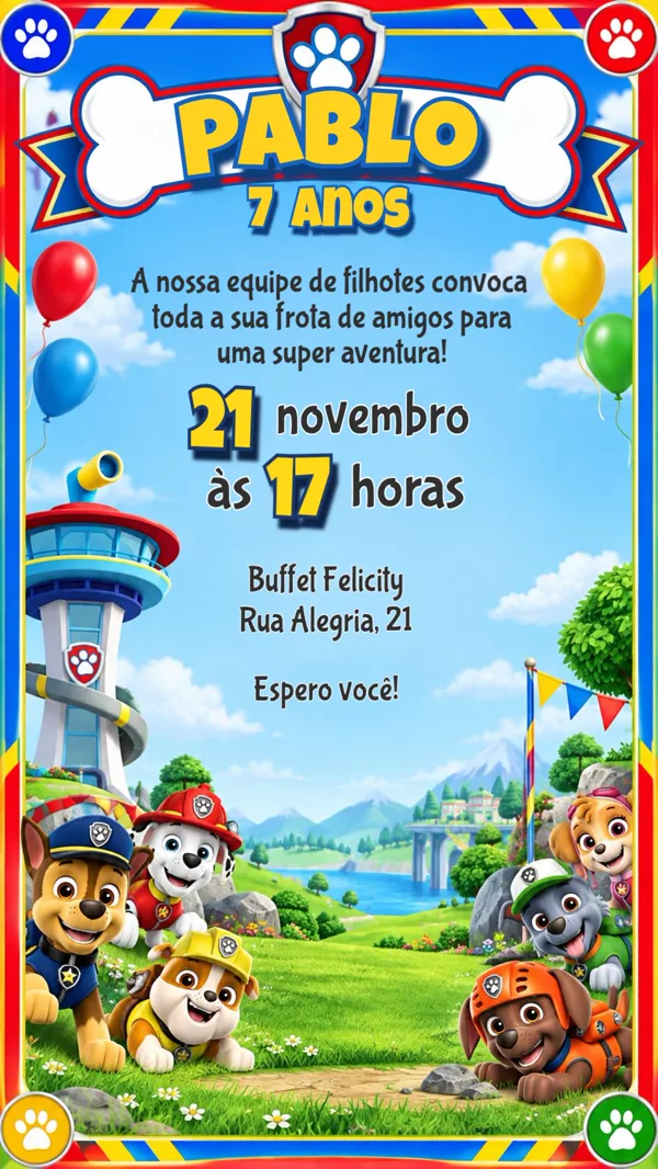 Convite Aniversário Patrulha Canina Chase Para Editar Online
