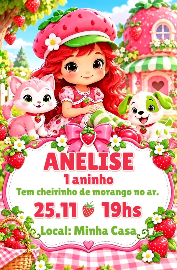 Convite Animado Aniversário Moranguinho Casinha Para Editar Online