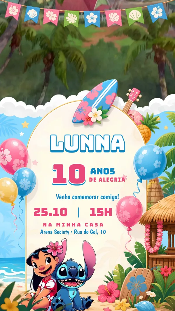 Convite Animado Aniversário Lilo e Stitch Infantil Para Editar Online