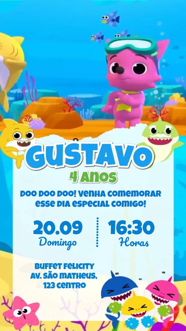 Convite Animado Aniversário Baby Shark Pinkfong Para Editar Online